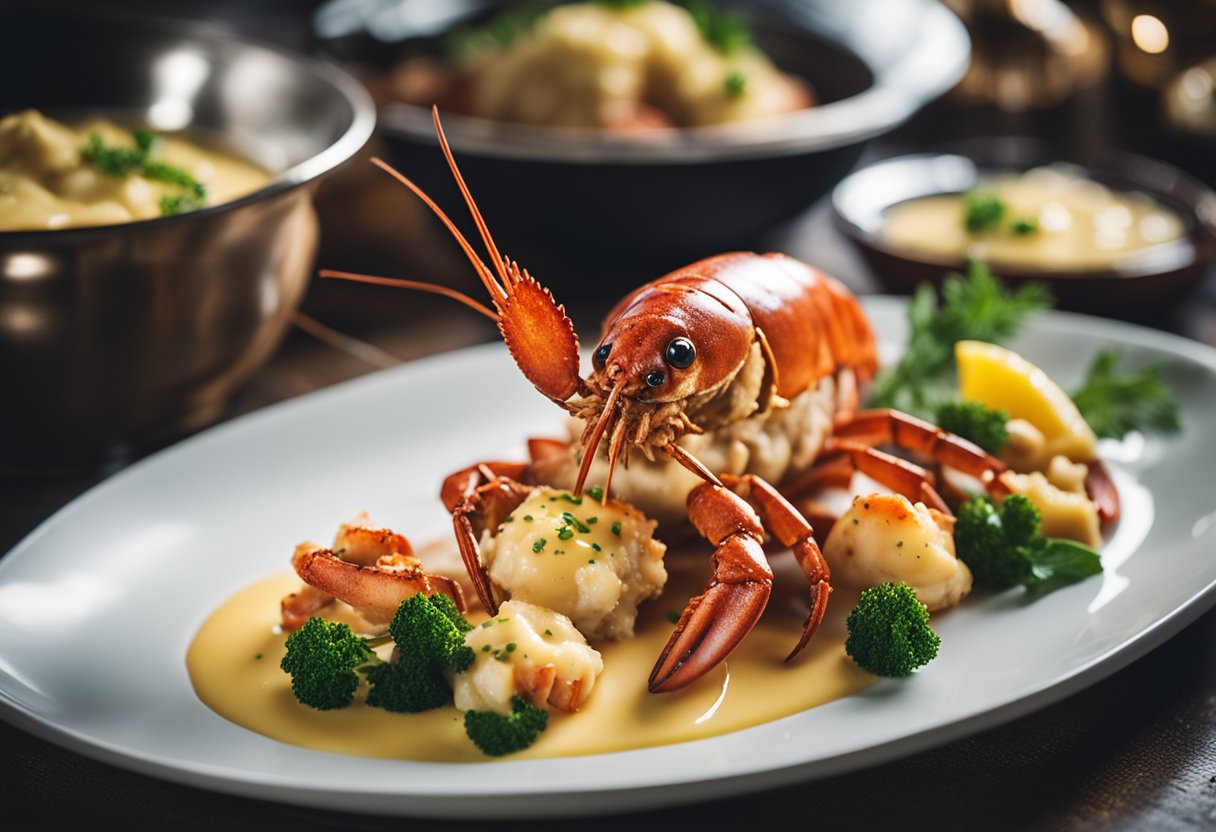 A lobster being carefully prepared with a rich beurre blanc sauce