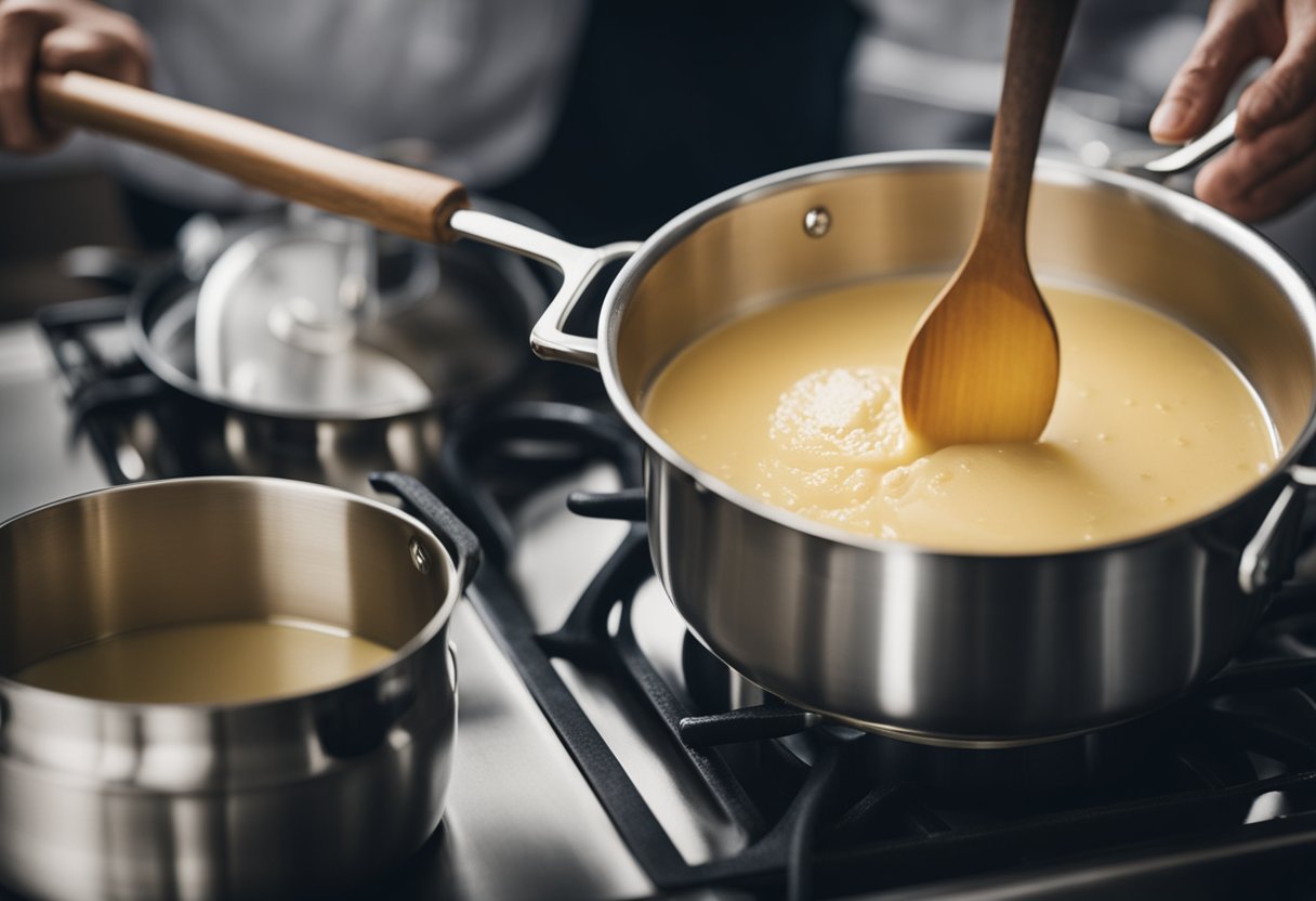 A chef whisking butter into a simmering lobster beurre blanc sauce in a stainless steel saucepan over a gas stove