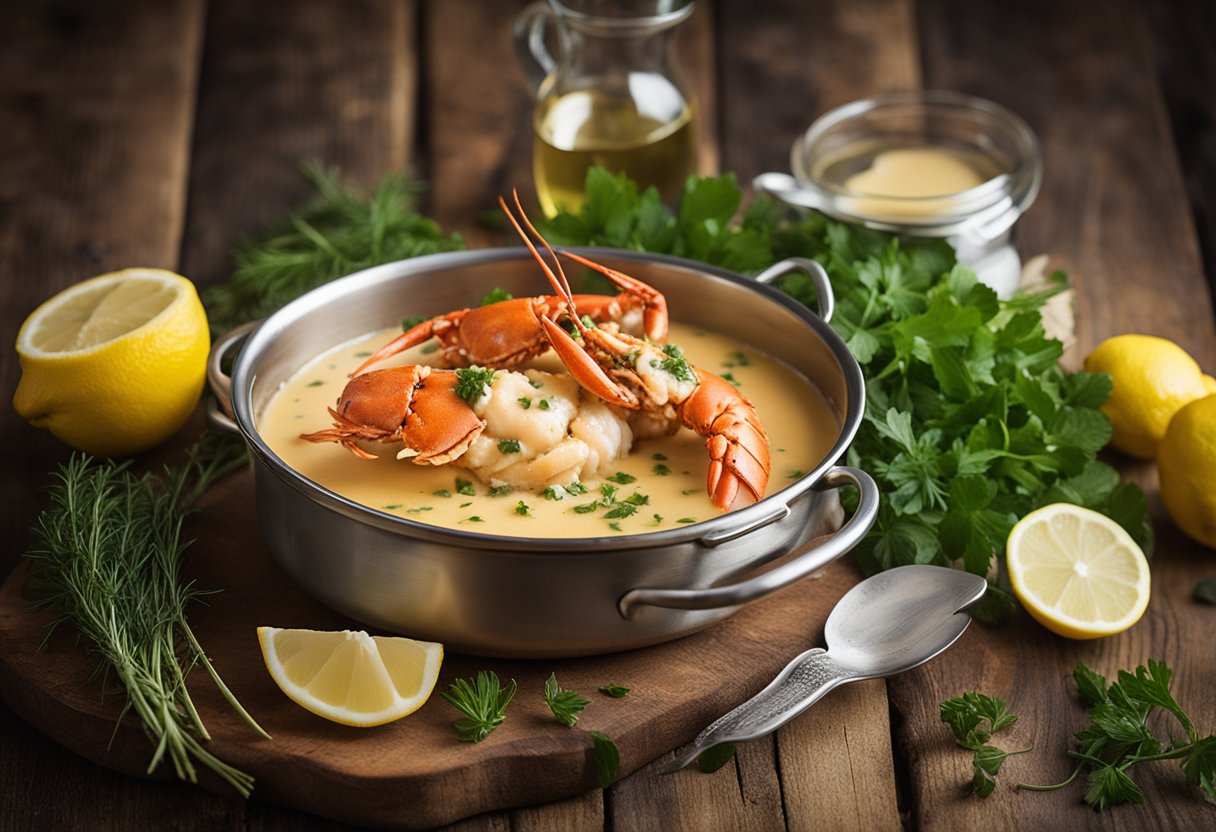 A steaming pot of lobster beurre blanc, surrounded by fresh herbs and a squeeze of lemon, sits on a rustic wooden table
