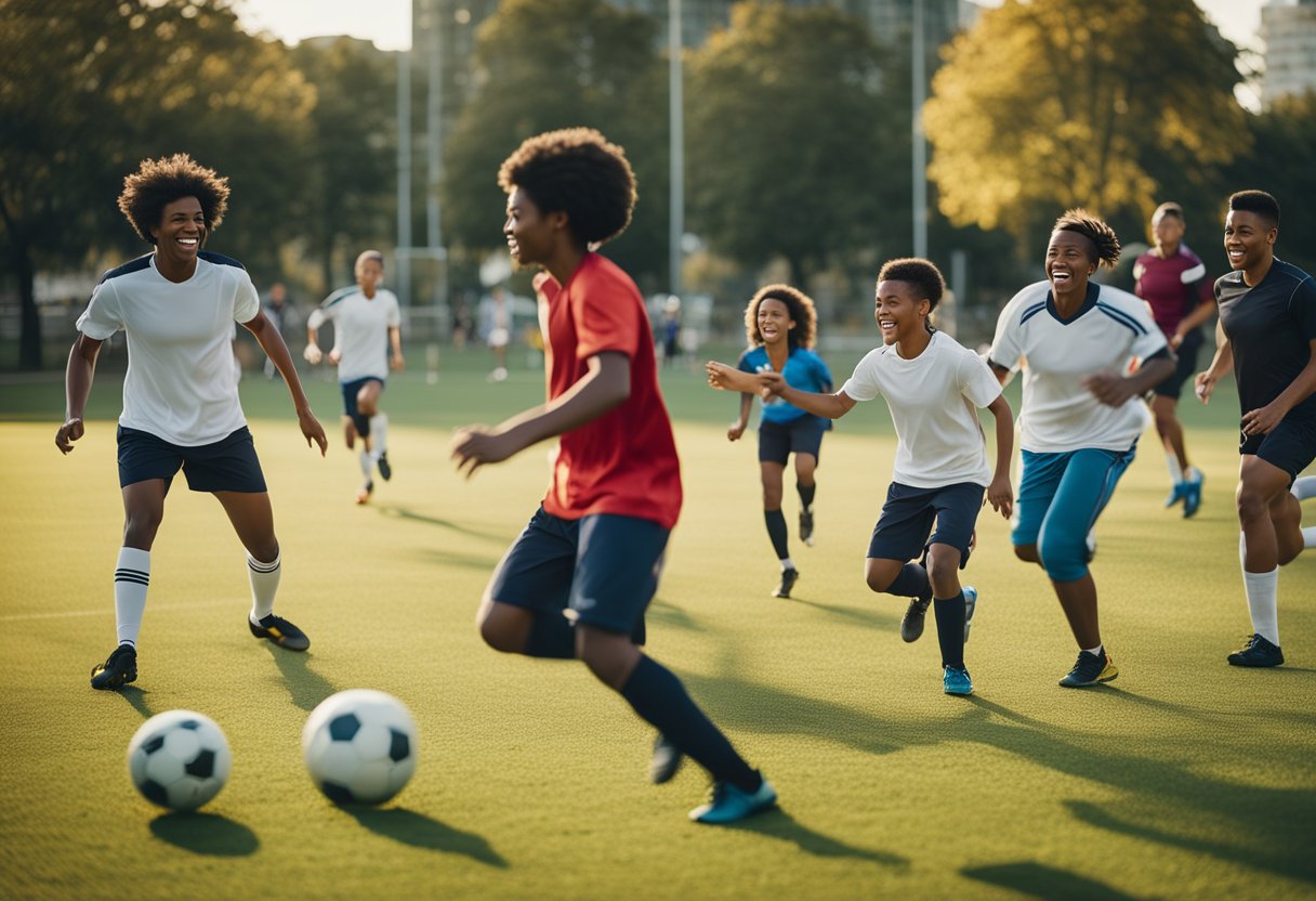 A diverse group of people playing soccer in a park, promoting physical activity and unity. Community members of all ages and backgrounds come together to enjoy the sport, fostering social connections and promoting overall health and well-being