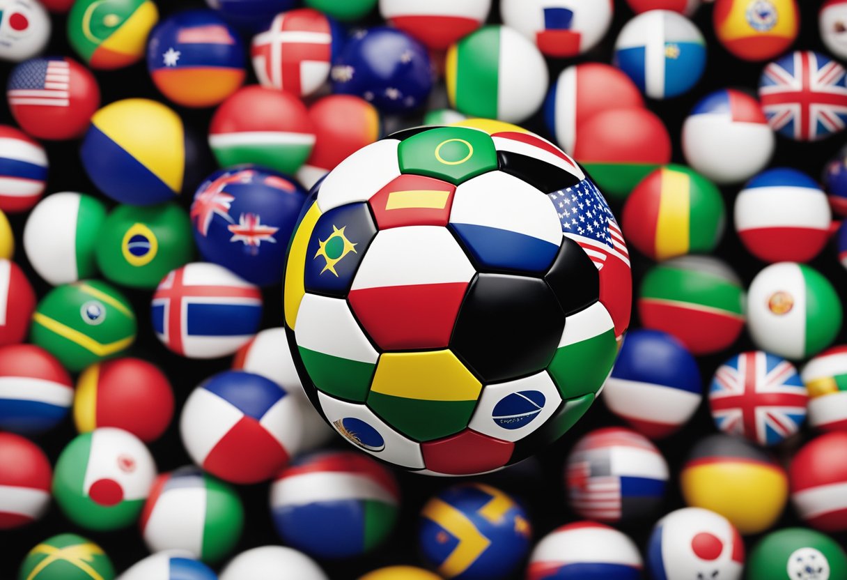A soccer ball sits on a table surrounded by flags of different countries. Representatives from each nation engage in a friendly game, using the sport to build diplomatic relations and resolve conflicts