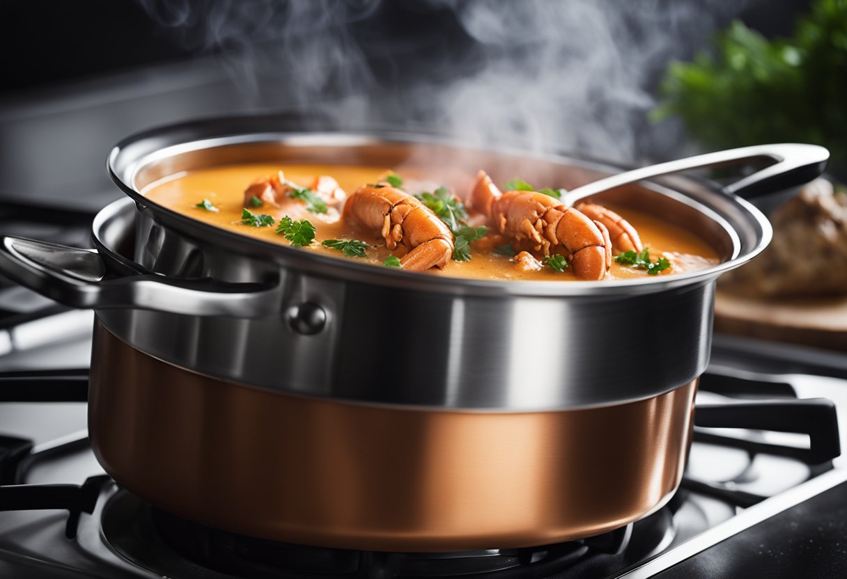 A pot simmers on the stove, filled with creamy lobster bisque. Steam rises as a chef stirs in chunks of tender lobster meat and garnishes with a sprinkle of fresh herbs