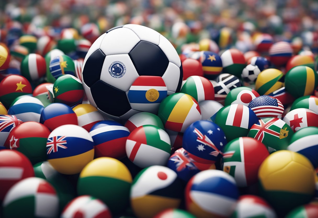 A soccer ball sits at the center of a diverse crowd, representing unity and cultural identity. Flags from different countries wave in the background, symbolizing the global impact of the sport