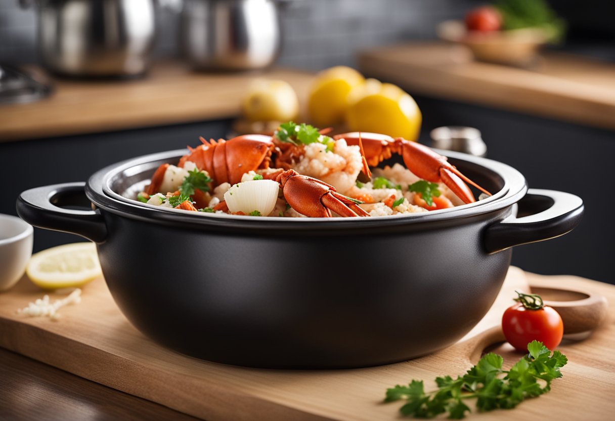 Fresh lobster, diced onions, minced garlic, and chopped tomatoes sit on a wooden cutting board next to a pot of simmering broth