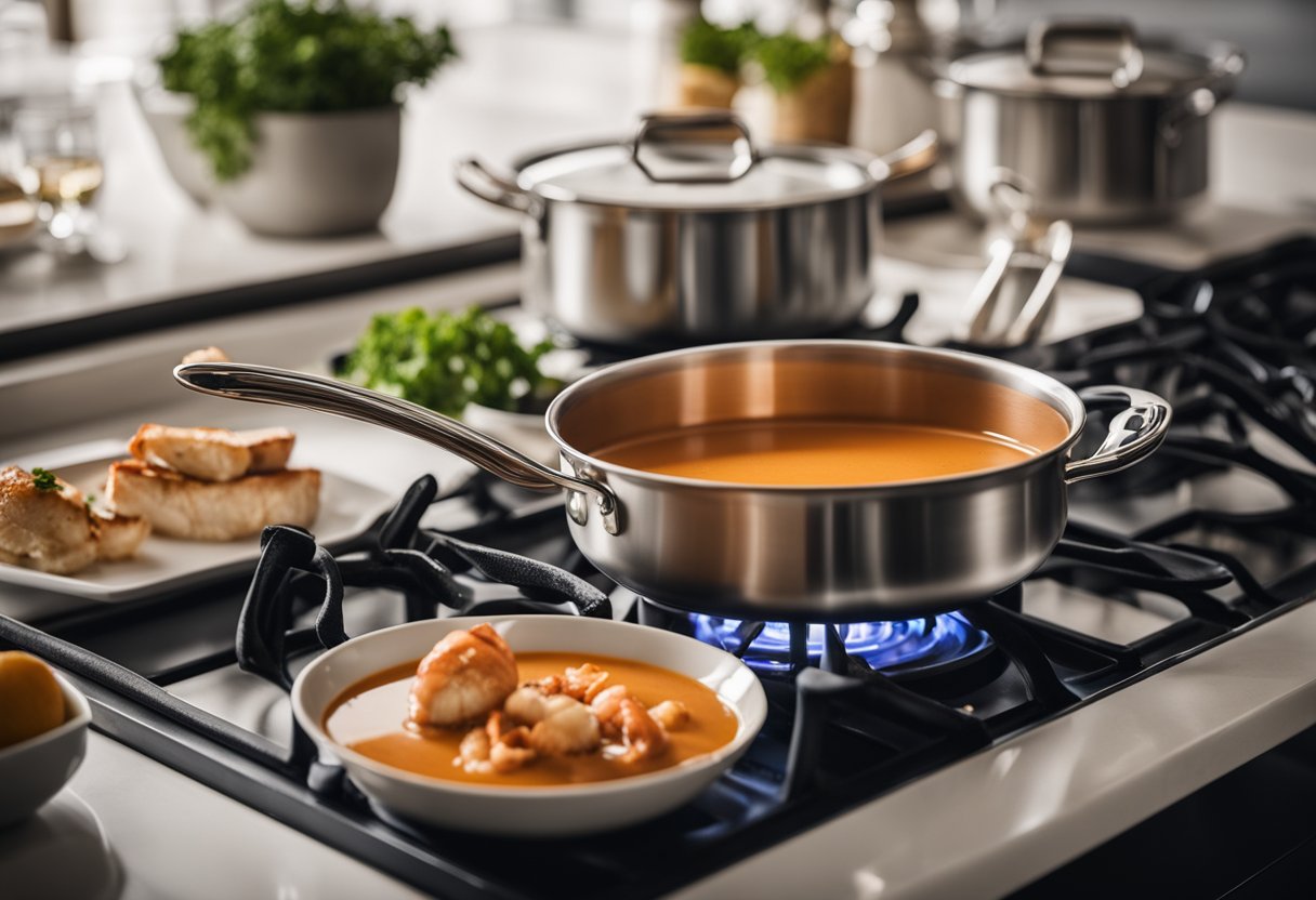 A pot of simmering lobster bisque on a stove, with a ladle and bowls nearby. A table set with elegant dishes and utensils for serving