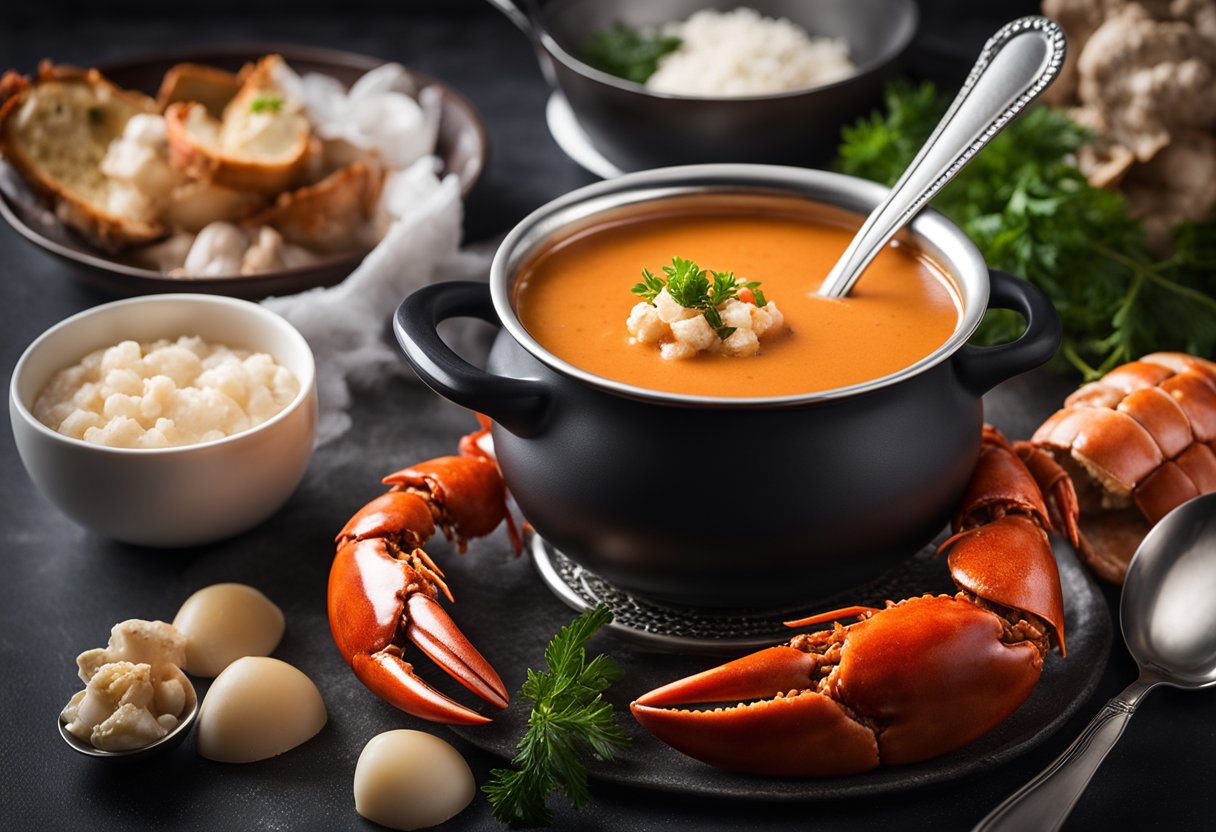 A steaming pot of lobster bisque surrounded by fresh lobster shells and a ladle, with a bowl and spoon ready for serving