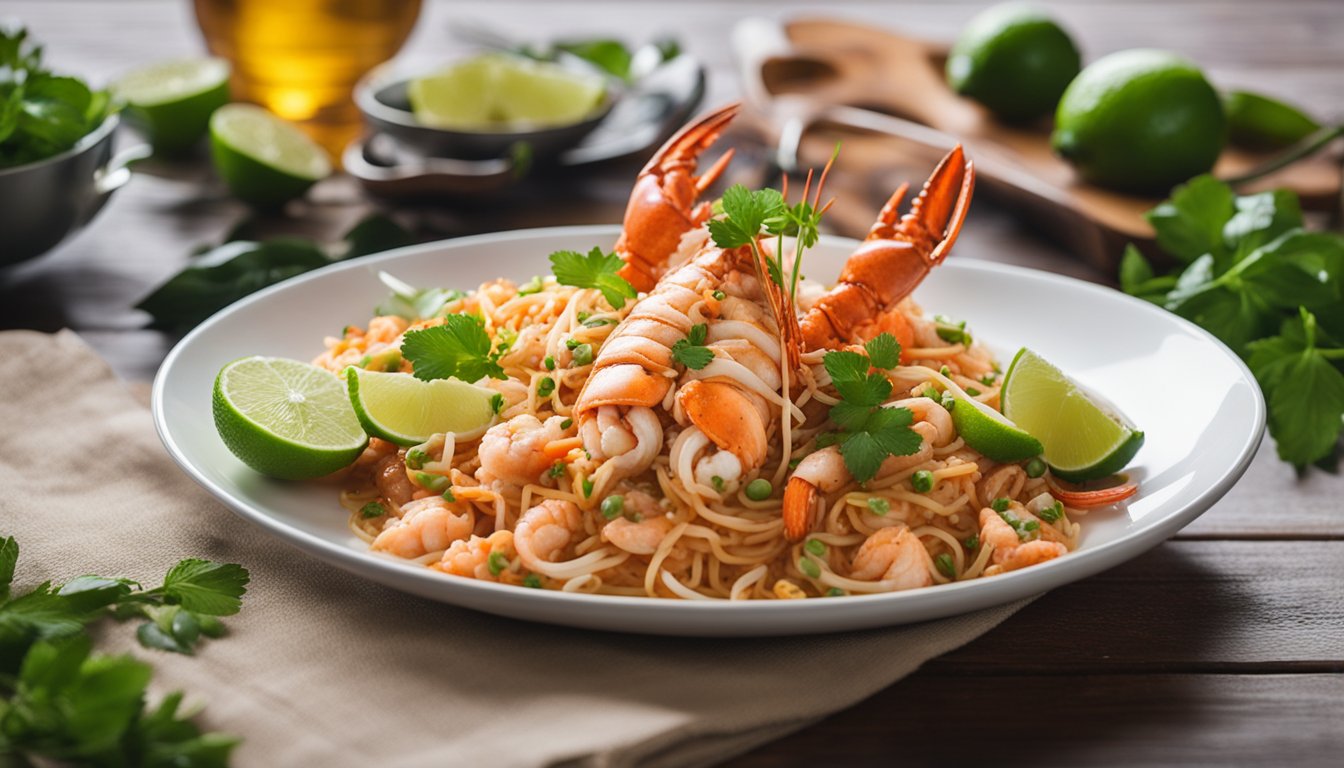 A steaming plate of lobster pad thai sits on a wooden table, garnished with fresh herbs and lime wedges. Steam rises from the fragrant noodles, and the vibrant colors of the dish pop against the neutral backdrop