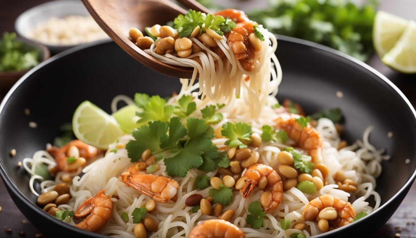 A sizzling wok tosses rice noodles, succulent lobster, bean sprouts, and peanuts in a fragrant tamarind sauce, garnished with lime and cilantro