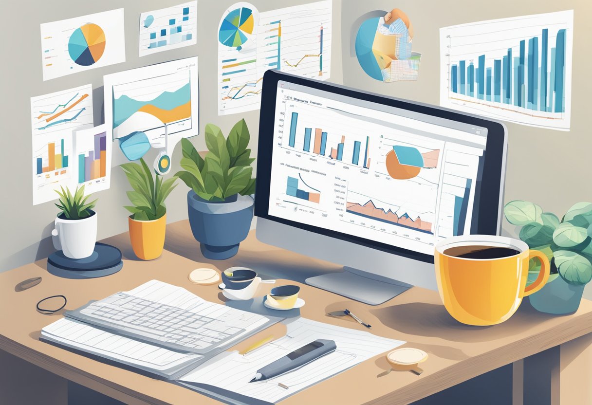 A desk with a computer, coffee mug, and notepad, surrounded by charts and graphs showing growth. A sign reads "SaaS Business Ideas"