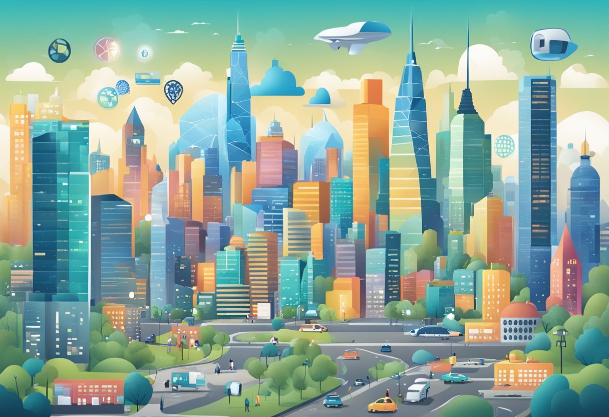 A bustling city skyline with various business logos and icons representing different SaaS companies. The scene is filled with energy and innovation, showcasing the diverse landscape of the SaaS market