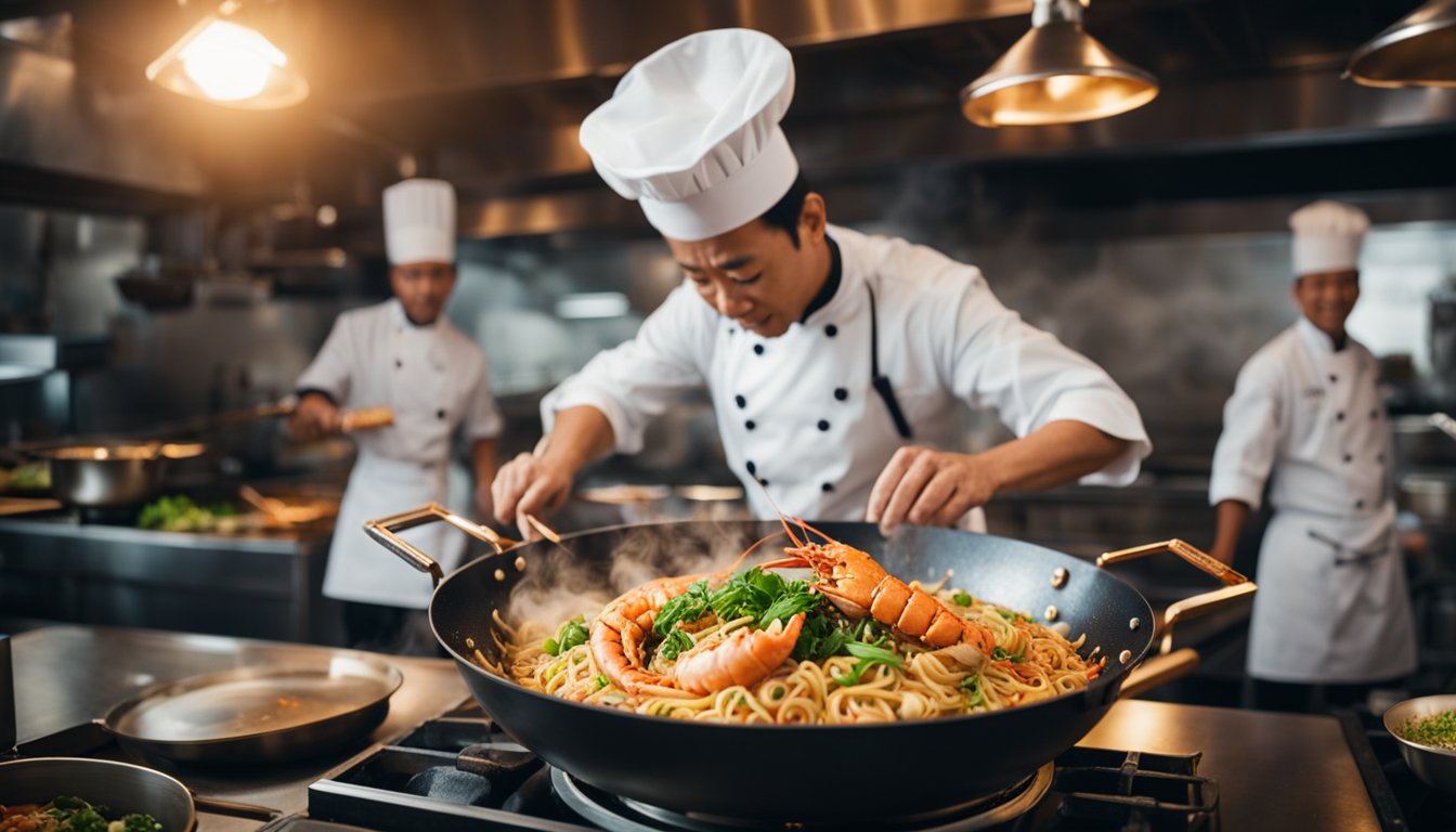 A wok sizzles as a chef tosses lobster, noodles, and aromatic herbs. Steam rises, filling the kitchen with the tantalizing aroma of pad thai