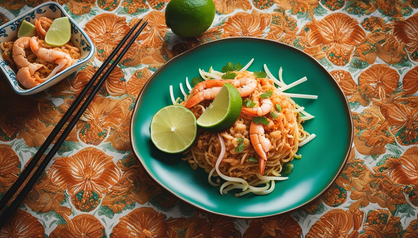 A steaming plate of lobster pad thai surrounded by chopsticks and a lime wedge on a vibrant, patterned tablecloth