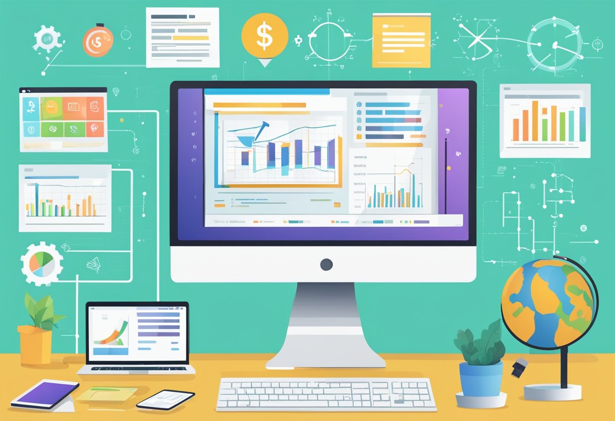 A computer screen with 10 SaaS business ideas listed, surrounded by dollar signs and growth charts