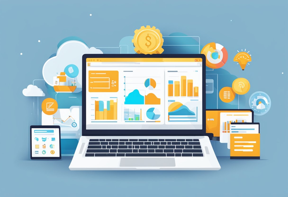 A laptop displaying a subscription management platform with 10 SaaS business ideas. A graph showing a six-figure income. Icons representing different business sectors