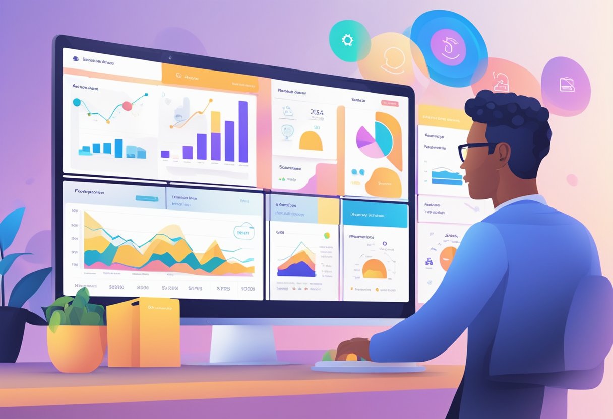 An AI-powered marketing tool interface displays 10 SaaS business ideas, with graphs and data visualizations, showcasing potential six-figure income opportunities