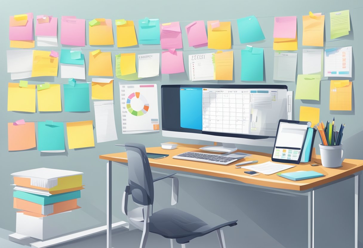 A desk with a computer, notebook, and pen. A whiteboard with project timelines and charts. A wall of sticky notes and a calendar. Bright, modern office setting