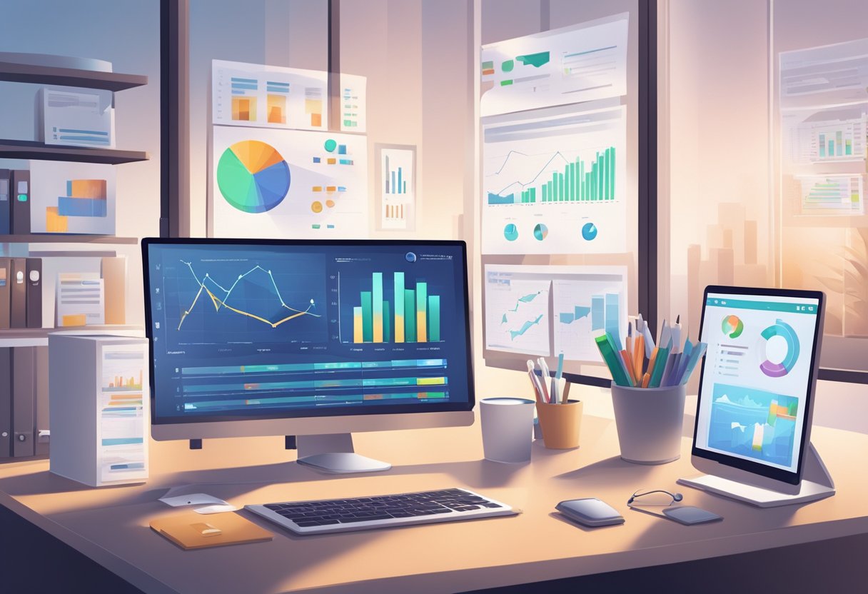 A modern office with a computer displaying healthcare management software. Charts and graphs on the screen show data analysis. A desk with paperwork and a phone