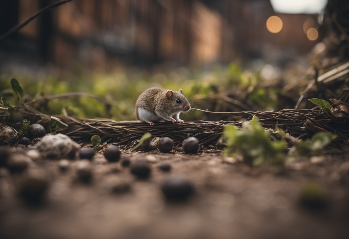 Rodent droppings near food sources, gnaw marks on wires, and nests in dark corners