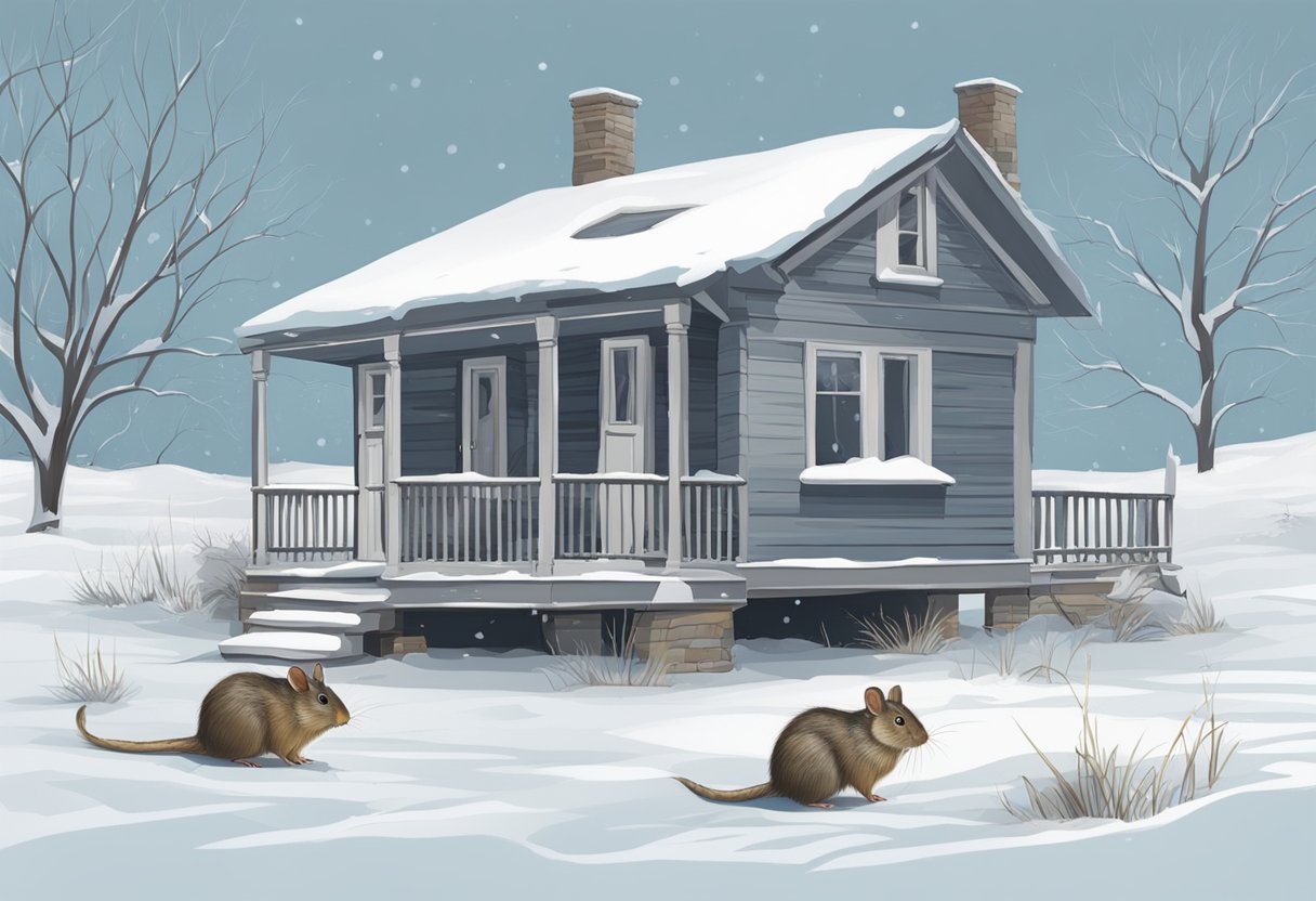 A house surrounded by sealed cracks and weather-stripped doors and windows. Snow-covered ground with strategically placed rodent traps and bait stations