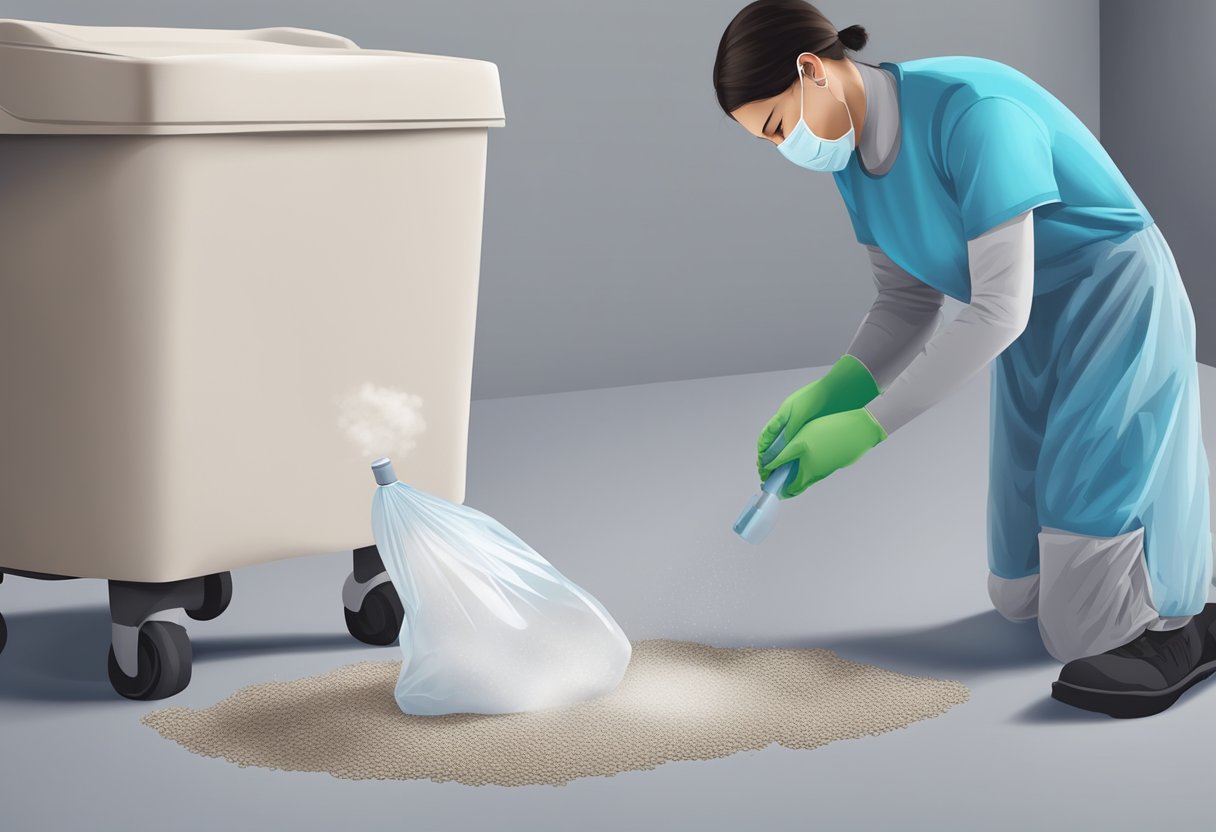 A gloved hand scoops up soiled bedding and droppings into a sealed bag, while another hand sprays disinfectant on surfaces