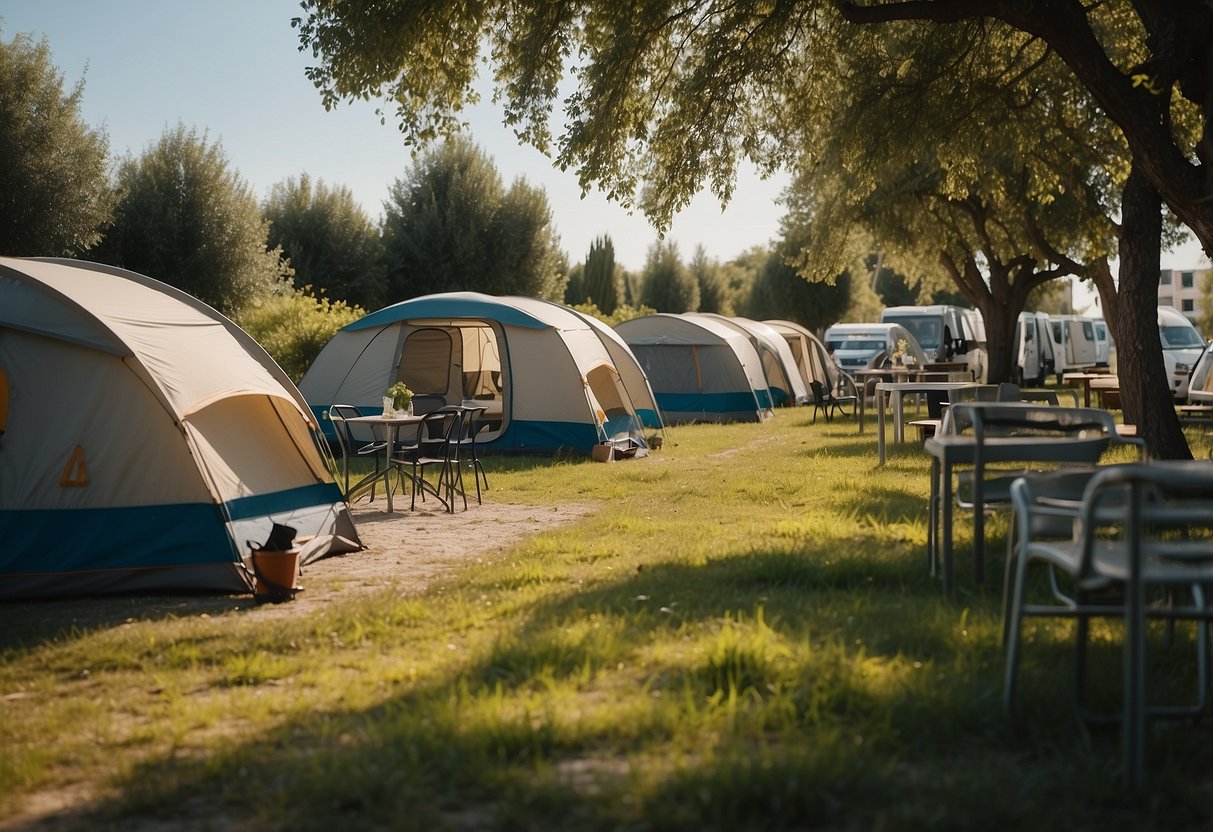 A serene campground in Chioggia, with lush greenery and a tranquil atmosphere. Visitors arriving by car and setting up tents under the clear blue sky