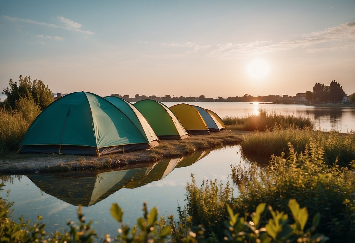 A serene campsite nestled in Chioggia, with colorful tents, lush greenery, and a glistening lake in the background