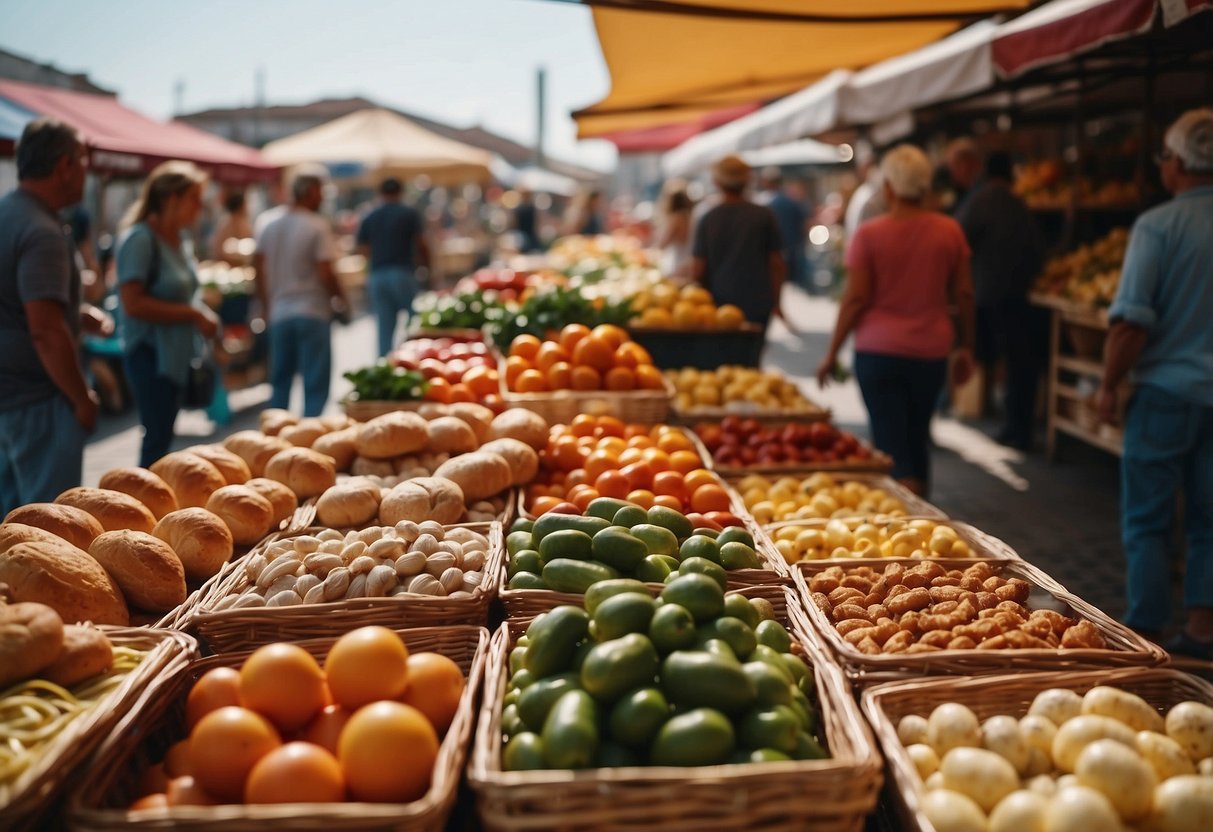 A bustling outdoor market in Chioggia, filled with colorful tents and stalls selling fresh produce, seafood, and local delicacies. The scent of freshly baked bread and simmering sauces fills the air
