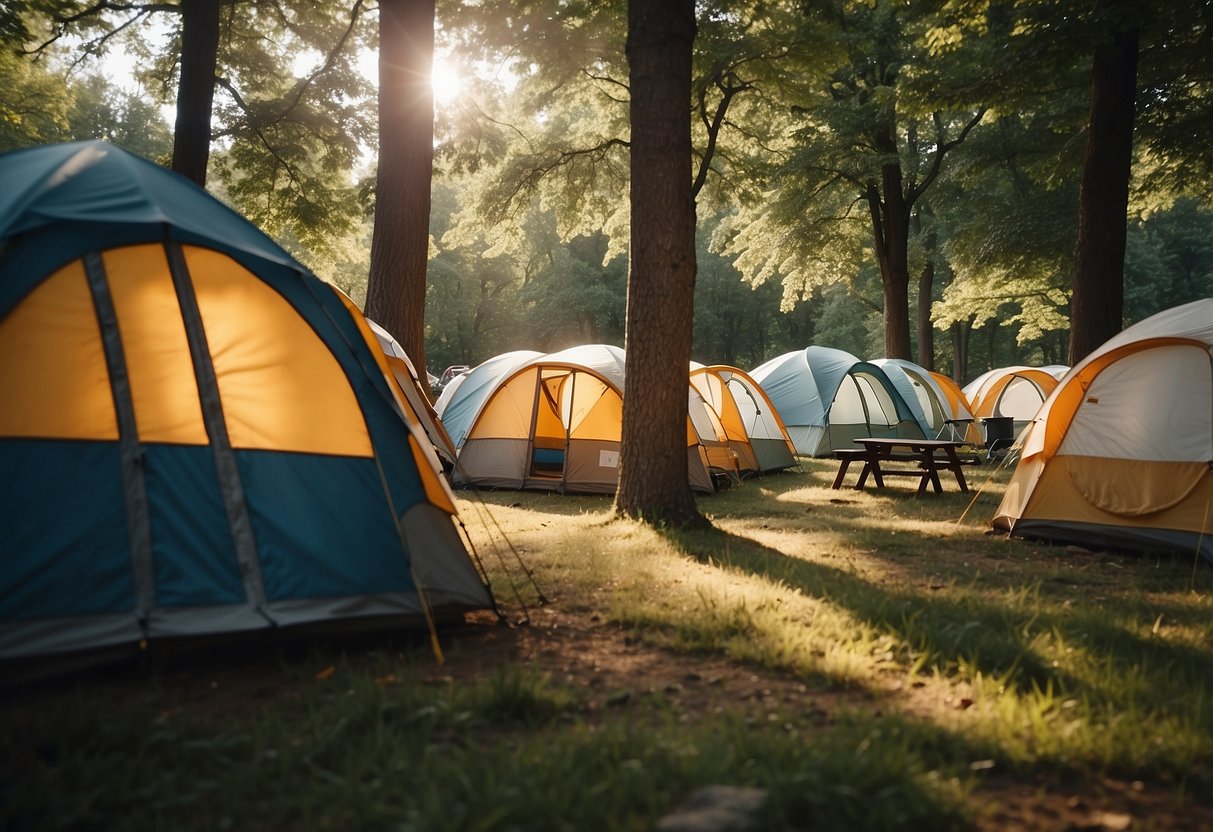 A serene campsite nestled among chestnut trees, with colorful tents and campers enjoying outdoor activities