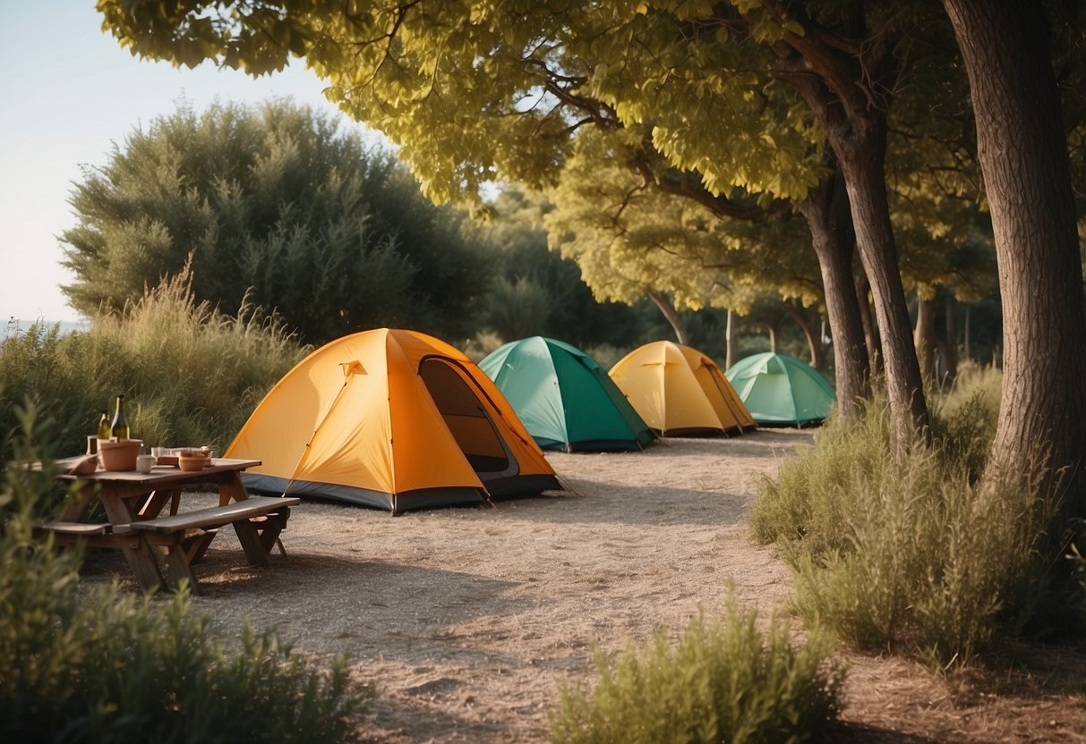 A serene campsite by the sea in Chioggia, with colorful tents, lush greenery, and happy campers enjoying the beautiful surroundings