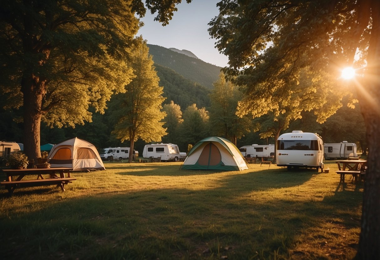 A serene campsite nestled among chestnut trees, with tents and RVs scattered throughout the lush green grounds. The sun sets behind the distant mountains, casting a warm glow over the picturesque scene
