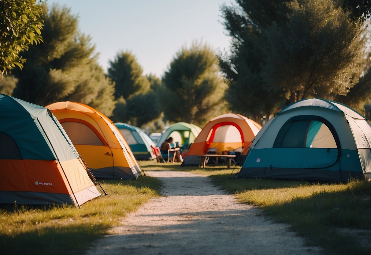 A serene campground in Chioggia, with colorful tents and campers departing