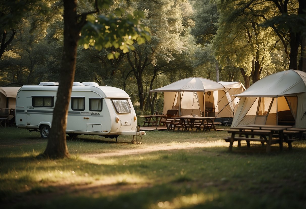 A serene camping scene at Campeggio Parco Dei Castagni, with facilities and services surrounded by lush chestnut trees