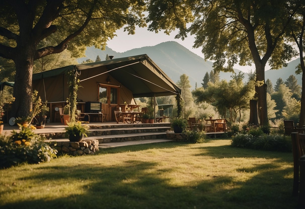 A serene camping site with lush greenery, cozy cabins, and a central reception area for customer service at Campeggio Parco Dei Castagni