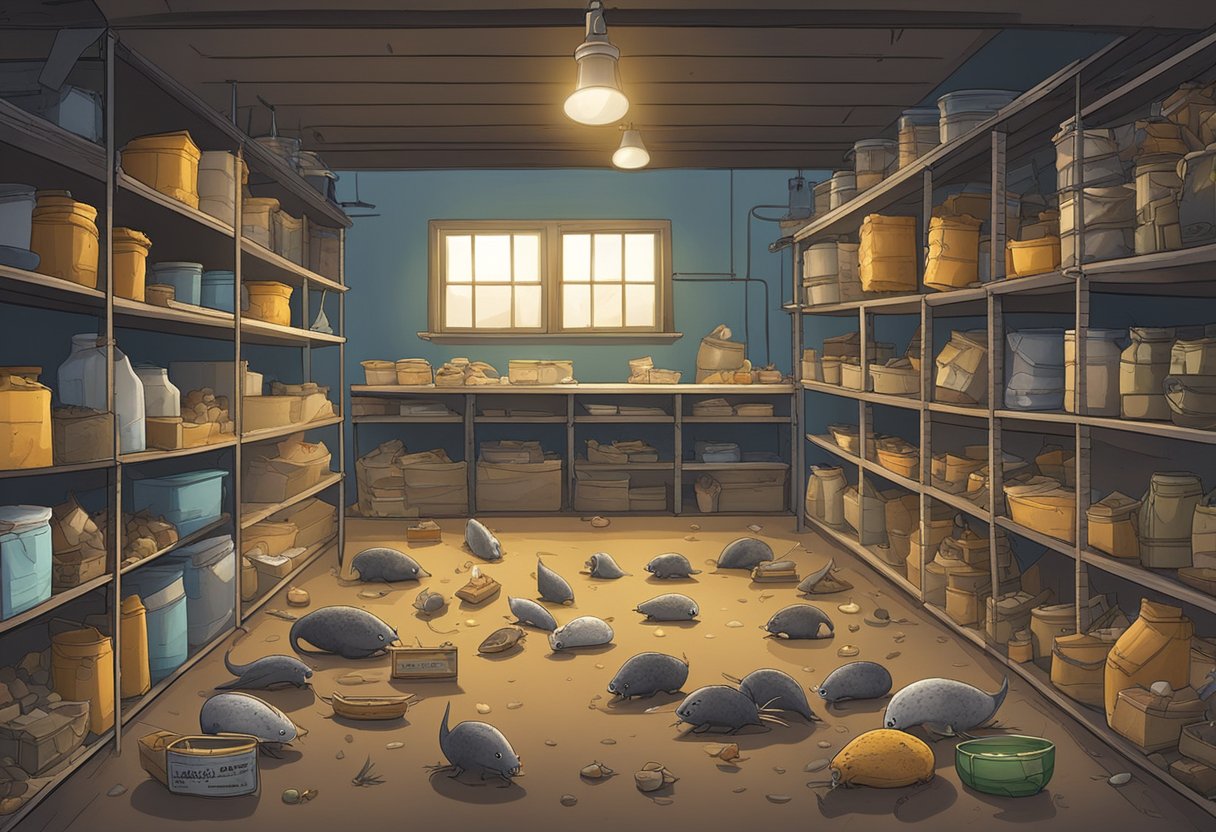 A variety of baits and traps are laid out in a cluttered, dimly lit storage room. Rodent droppings are scattered across the floor, and signs of gnawing are evident on nearby shelves