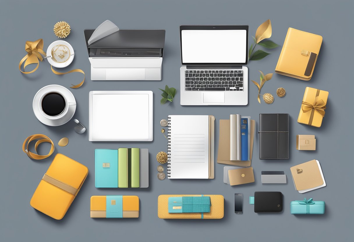 A table with a variety of high-quality gifts, such as branded notebooks, tech accessories, and gourmet gift sets, displayed neatly under soft lighting