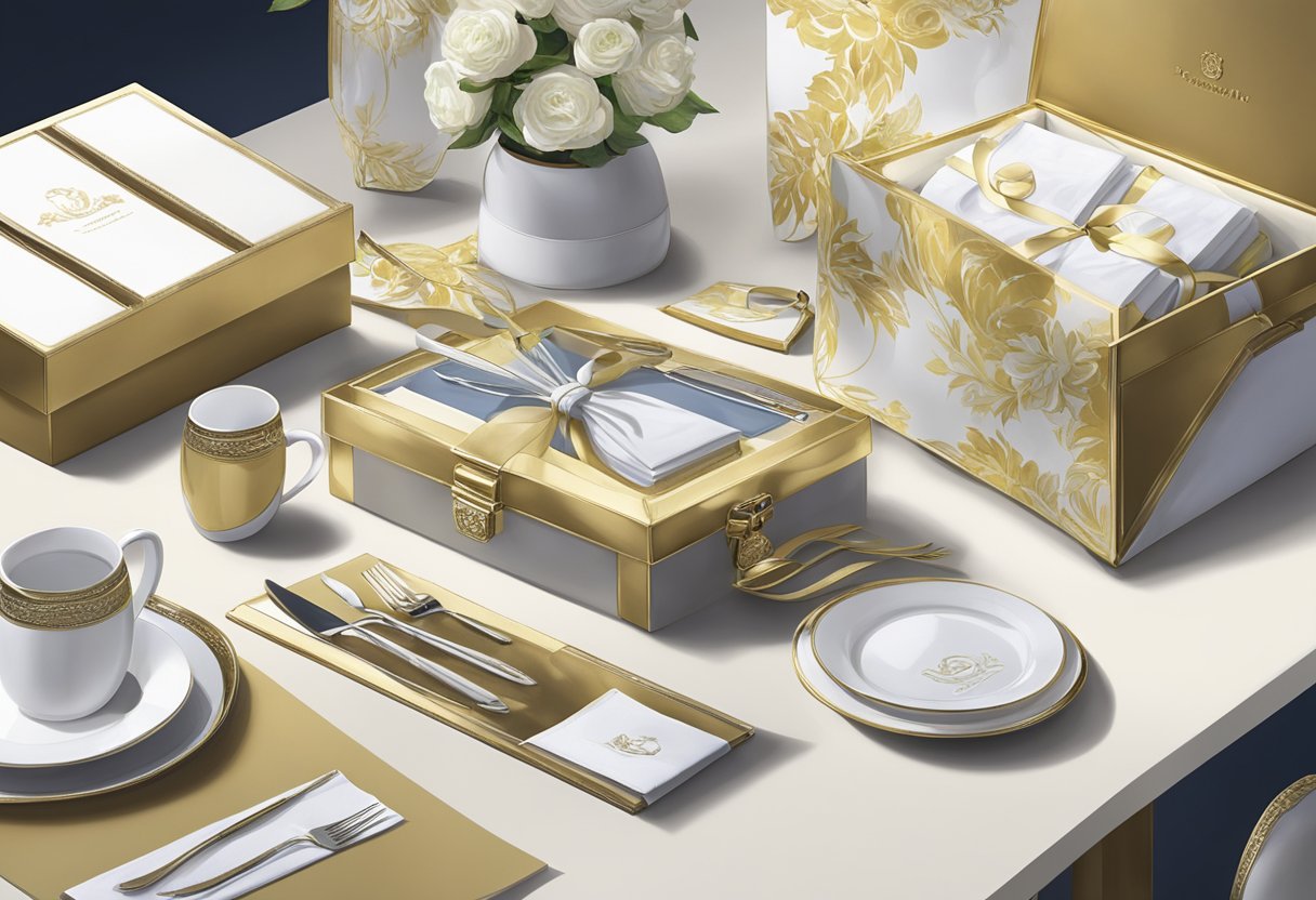A table adorned with elegant, custom-made corporate gifts. Each item is carefully crafted and personalized, reflecting the company's attention to detail and appreciation for its clients