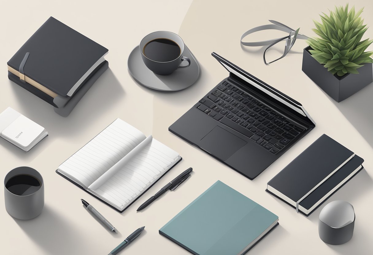 A group of sleek, modern corporate gifts displayed on a clean, minimalist desk. Items include stylish notebooks, high-quality pens, and unique desk accessories