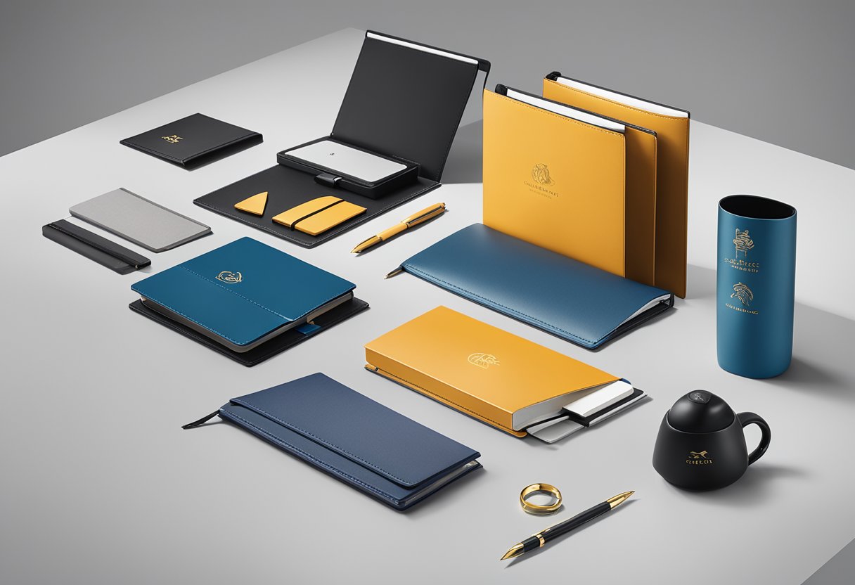A sleek office desk adorned with custom corporate gifts in Singapore. Logo-branded pens, leather notebooks, and elegant desk accessories are displayed