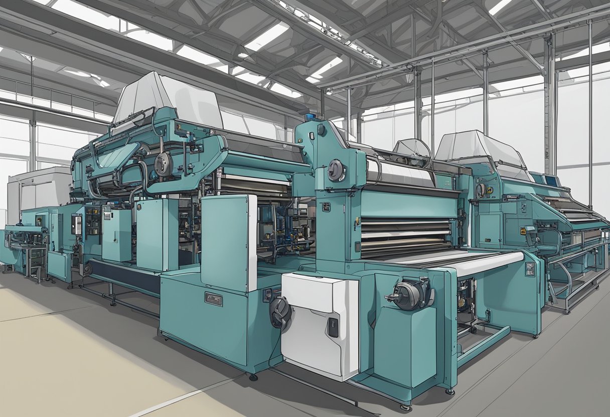 Machines in a large factory produce canvas bags. Raw materials are fed into the machines, which cut, sew, and print designs onto the bags. Finished bags are then stacked and prepared for shipping