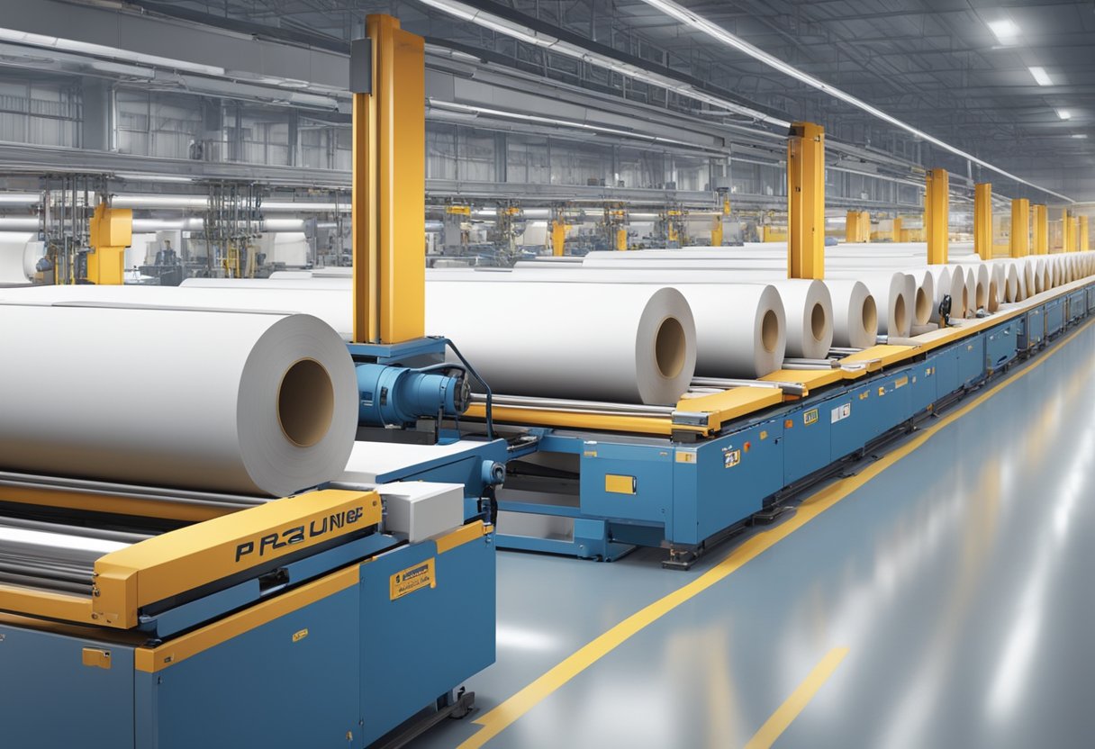 Machines in a large factory produce canvas bags. Rolls of fabric are cut, sewn, and printed with logos. Piles of finished bags are stacked for distribution