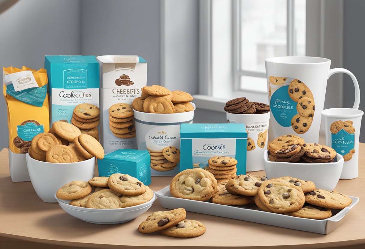 A table displays Cheryl's Cookies corporate gifts: assorted cookie boxes, branded mugs, and gift baskets. A banner reads "Perfect for all occasions."