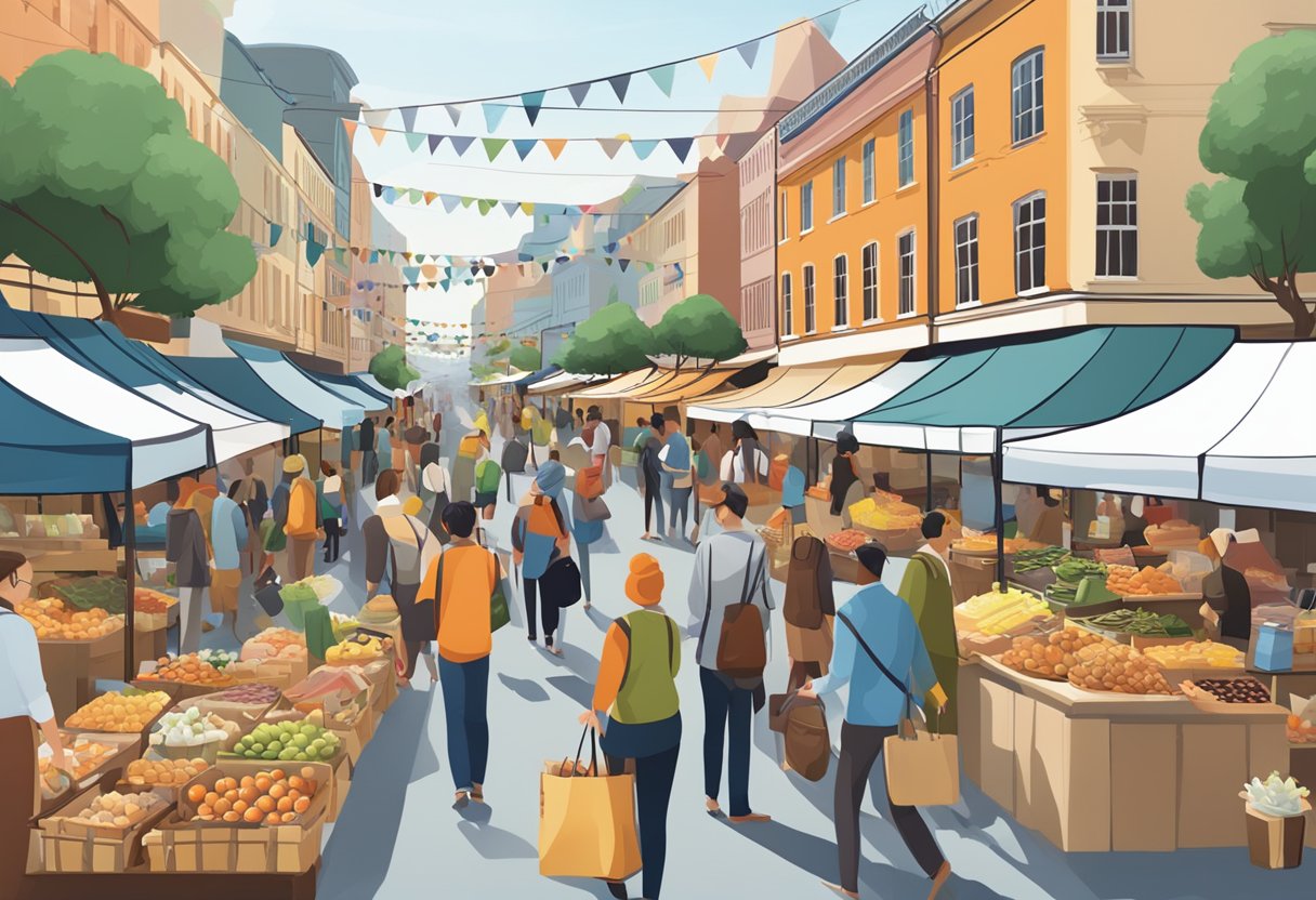 A bustling market with various canvas bag manufacturers showcasing their customisation options