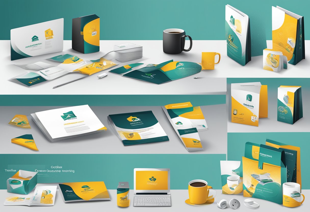 A table displays 10 corporate gift options, each customisable. Logos and branding materials are scattered around, adding a professional touch