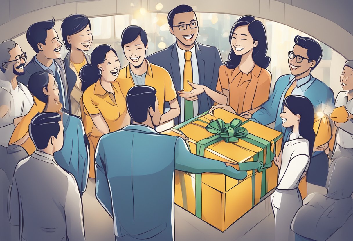A group of employees gather around a beautifully wrapped gift box with the company logo on it. Smiles and excitement fill the room as they eagerly open the package