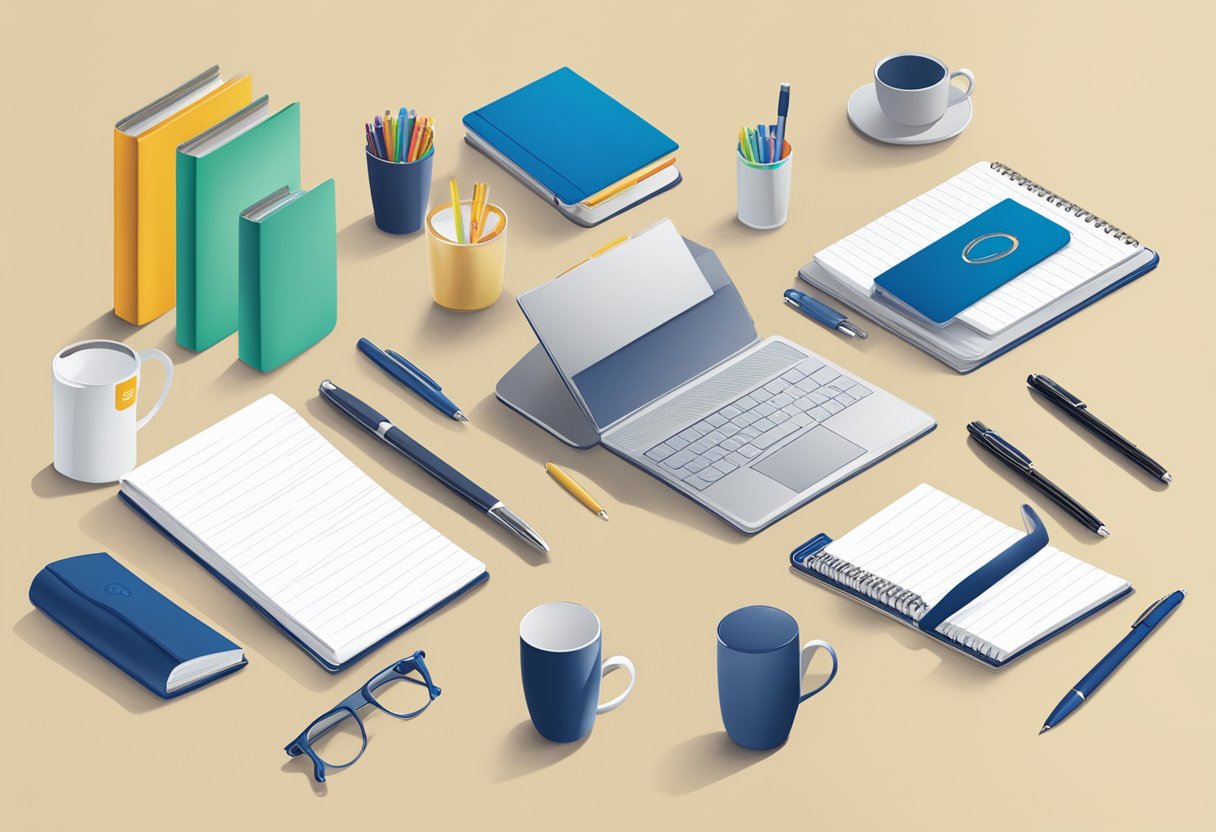A table displaying 10 corporate gift options, including branded pens, customisable notebooks, and elegant gift baskets. A budget-friendly theme is evident through the selection