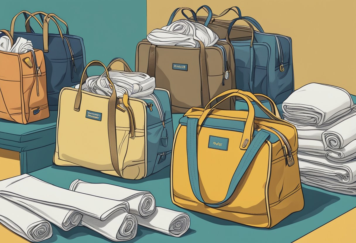 A stack of canvas bags with "Frequently Asked Questions" printed on them, surrounded by sewing machines and fabric rolls