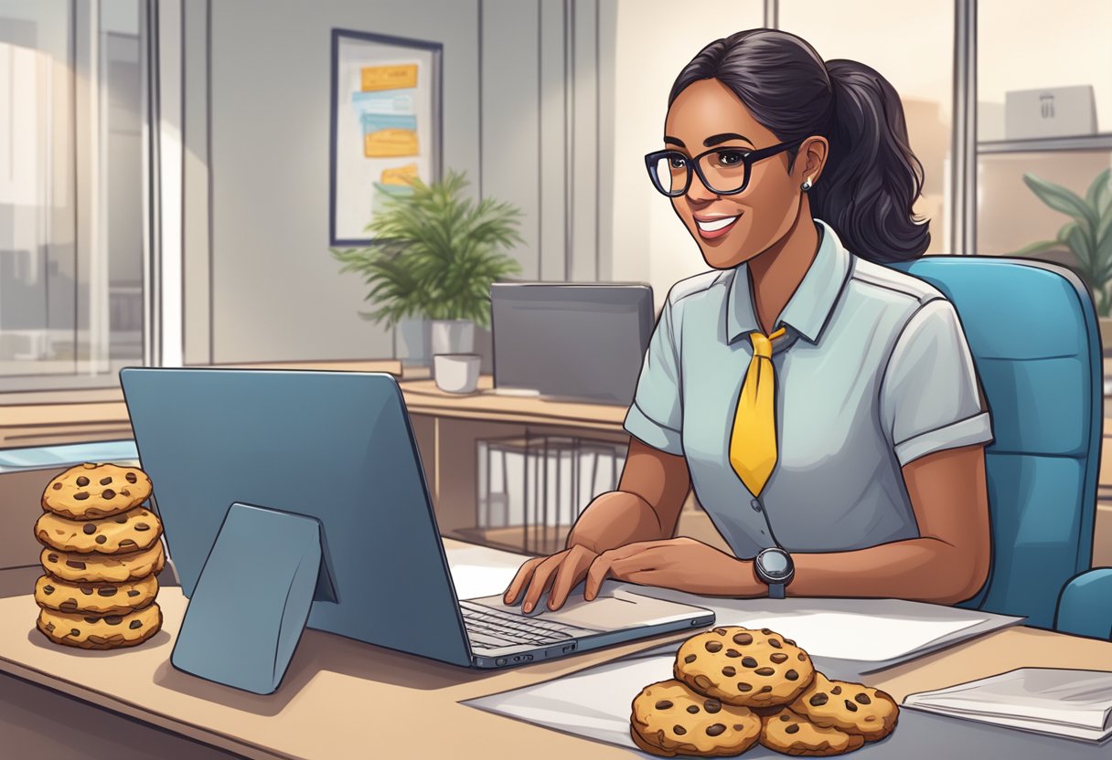 A corporate employee orders Cheryl's Cookies gifts online, then receives a delivery at the office