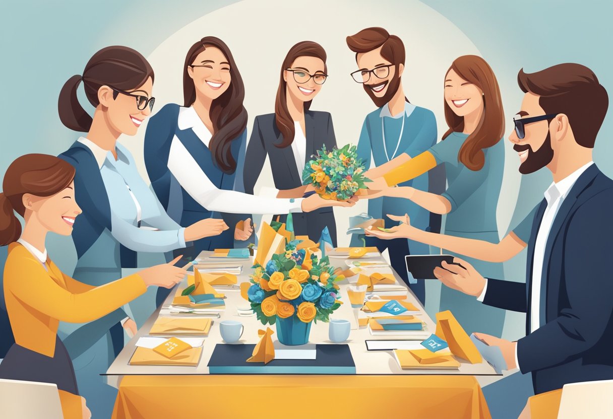 A table adorned with elegant corporate gifts, branded with company logos, surrounded by happy recipients exchanging smiles and handshakes