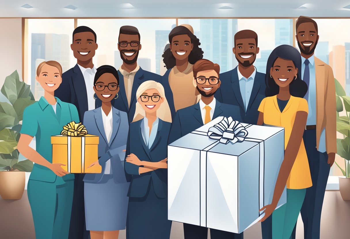 A group of diverse professionals gather around a beautifully wrapped corporate gift package, smiling and expressing gratitude. The vendor's logo is prominently displayed on the packaging