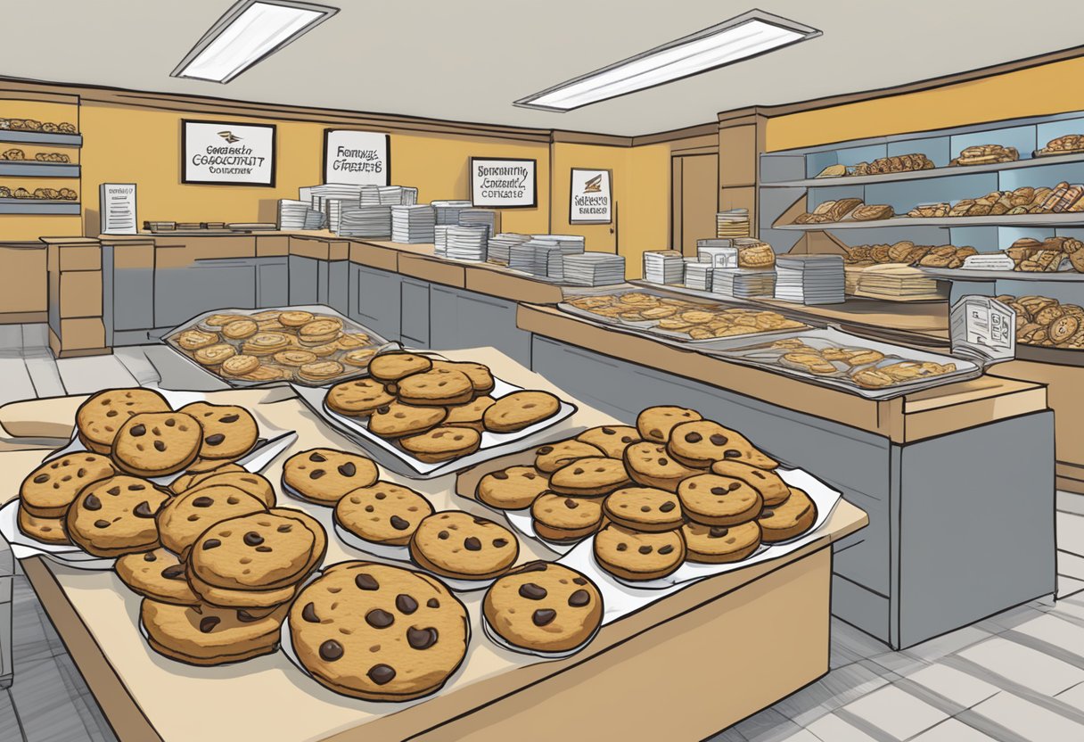 A table filled with assorted Cheryl's Cookies corporate gifts, with the "Frequently Asked Questions" sign displayed prominently